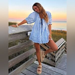 Womens Summer Striped Romper Casual Oversized Puff Sleeve Short-SIZE Various
